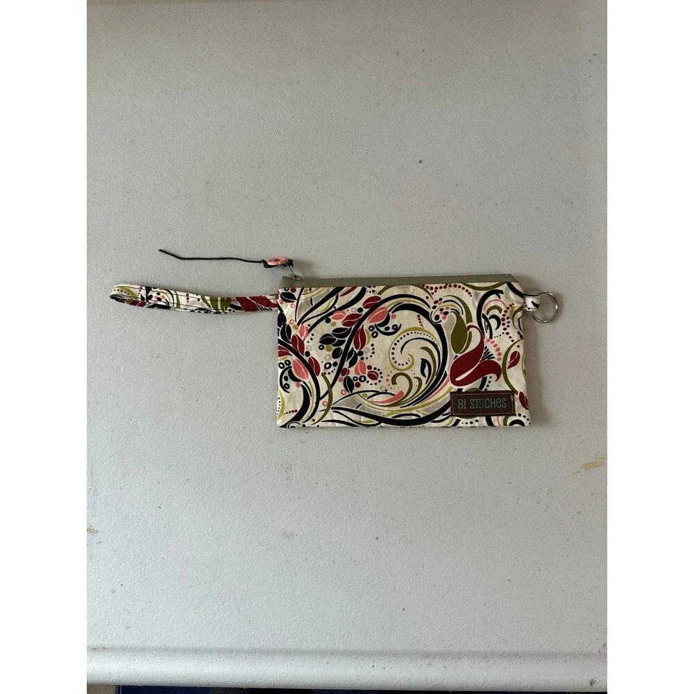 81 Stitches Handmade Floral Paisley Print Buttons Accent Cosmetic Wristlet Pouch